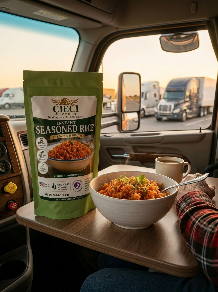 CIECI Foods founder story — Road Ready Seasoned Rice in a truck cab at golden hour