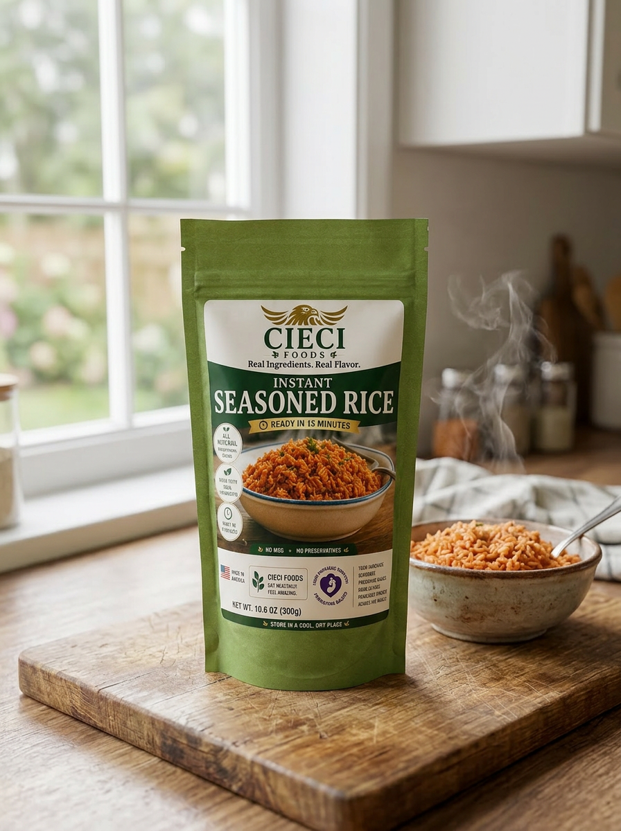 Bowl of tomato seasoned rice beside the CIECI Foods pouch